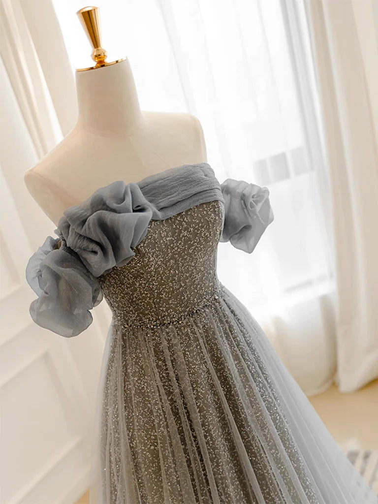 Robe de bal longue en tulle gris à paillettes, robe de soirée longue en tulle gris ED0669