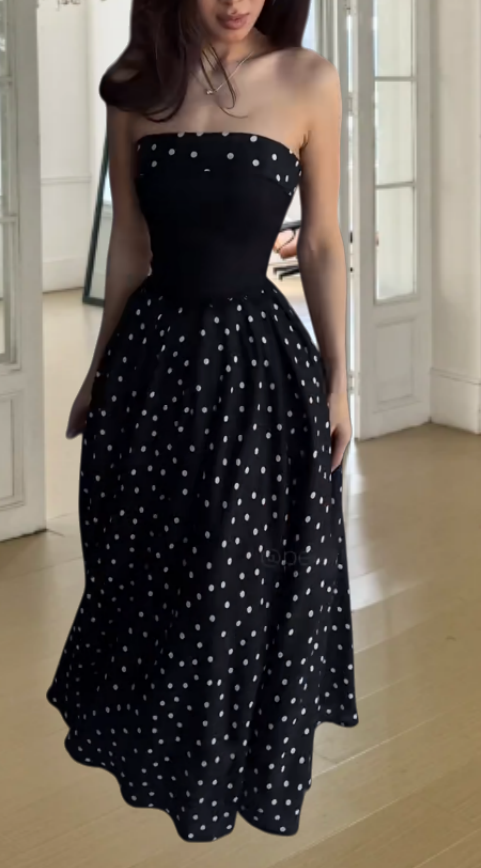 Chic Strapless A-Line Long Prom Dress Black Polka Dot Evening Dress Sleeveless Birthday Dress ED06696