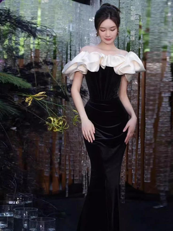 Black Off Shoulder Mermaid Long Prom Dress, Black Long Formal Dress ED0670