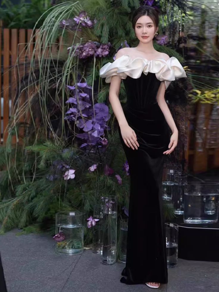 Black Off Shoulder Mermaid Long Prom Dress, Black Long Formal Dress ED0670