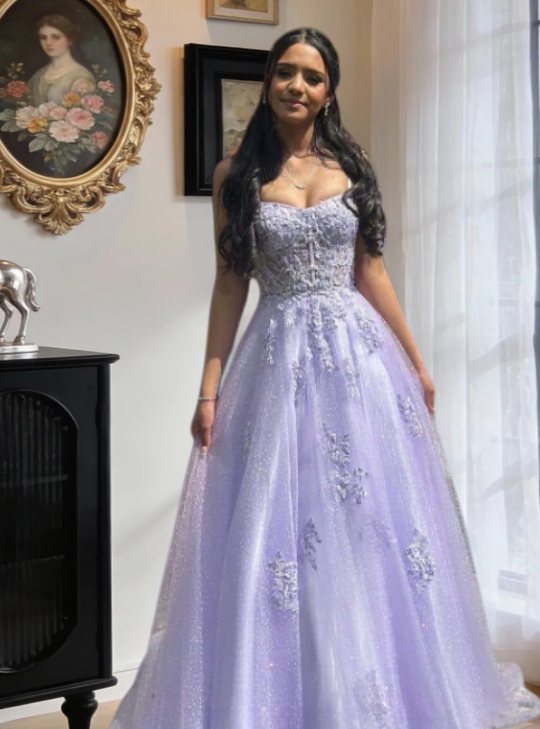 Gorgeous Long Purple Prom Dresses Sweetheart A-Line Evening Dress Tulle Sleeveless Birthday Dress ED06703