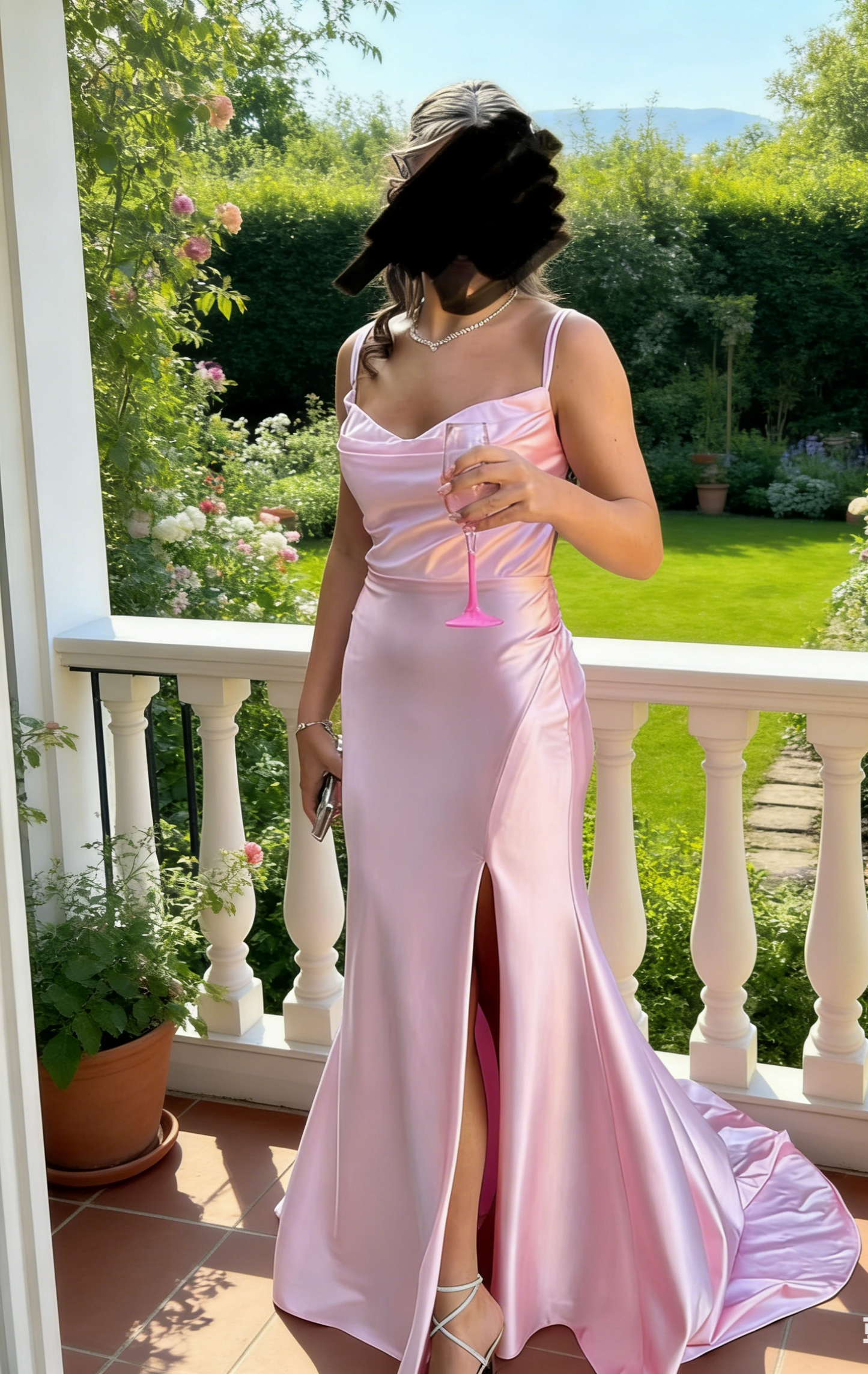 Sexy Long Pink Prom Dresses Spaghetti Straps Sheath Slit Evening Dress Satin Sleeveless Birthday Dress ED06705