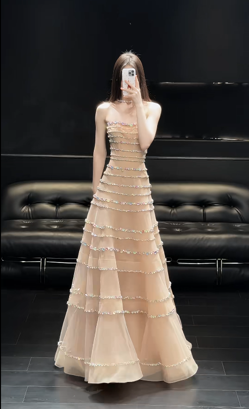 Strapless Champagne Prom Dresses Cute A-Line Long Evening Dress Rhinstones Tulle Sleevelesss Birthday Dress ED06720