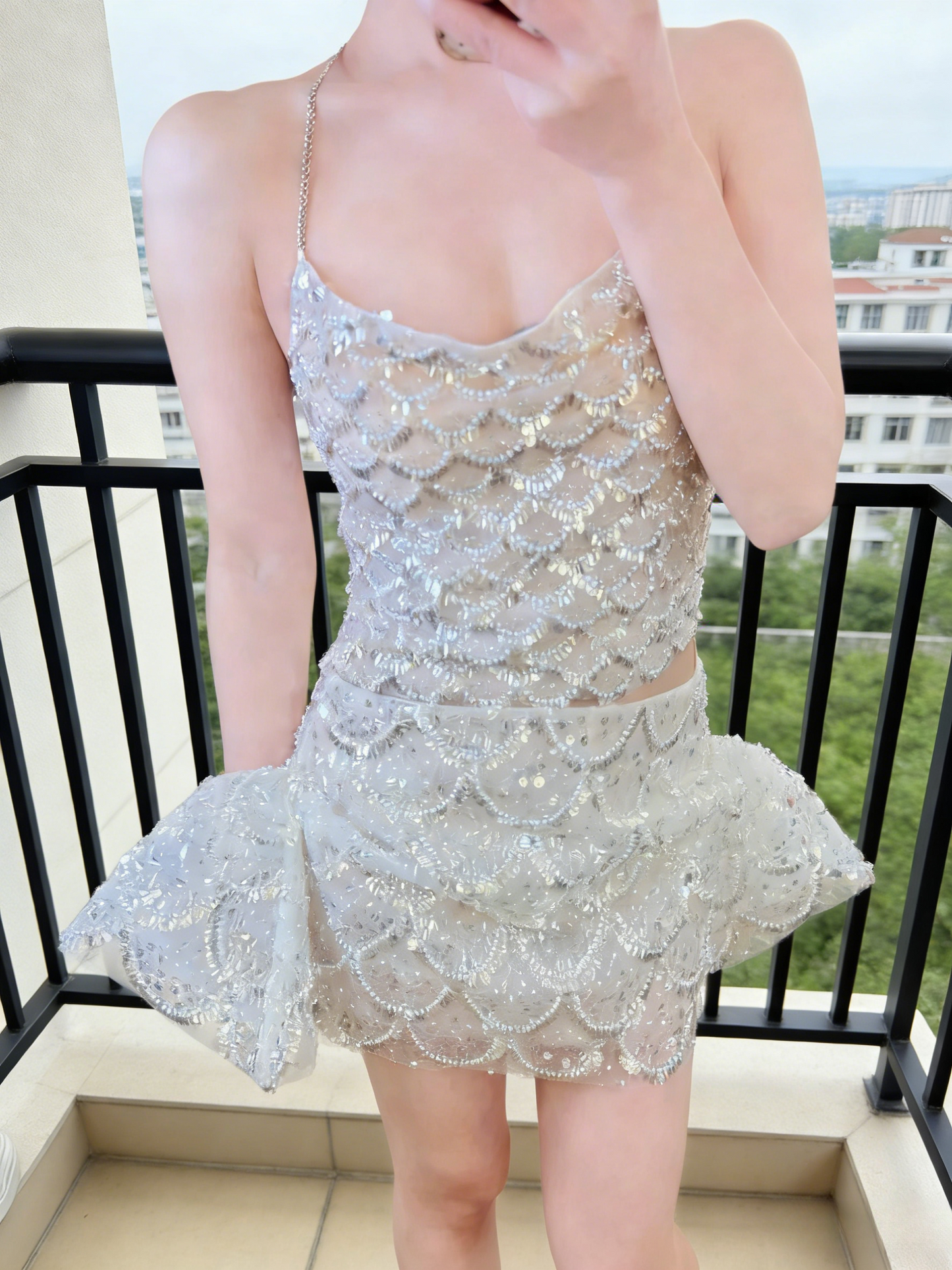Sexy Two Piece Prom Dress Spaghetti Straps Sheath Evening Dress Sequins Short Birthday Dress ED06727