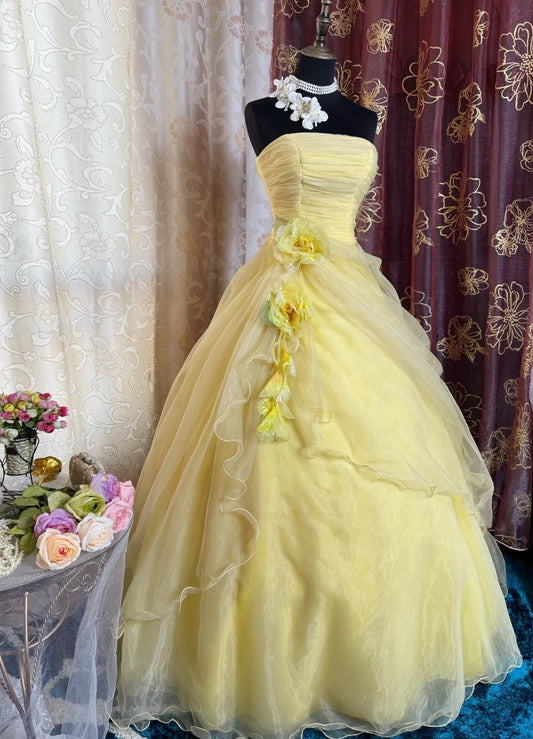 Fairy Yellow Prom Dress Strapless A-Line Long Evening Dress Tulle Appliques Sleeveless Sweet 16 Dress ED06731