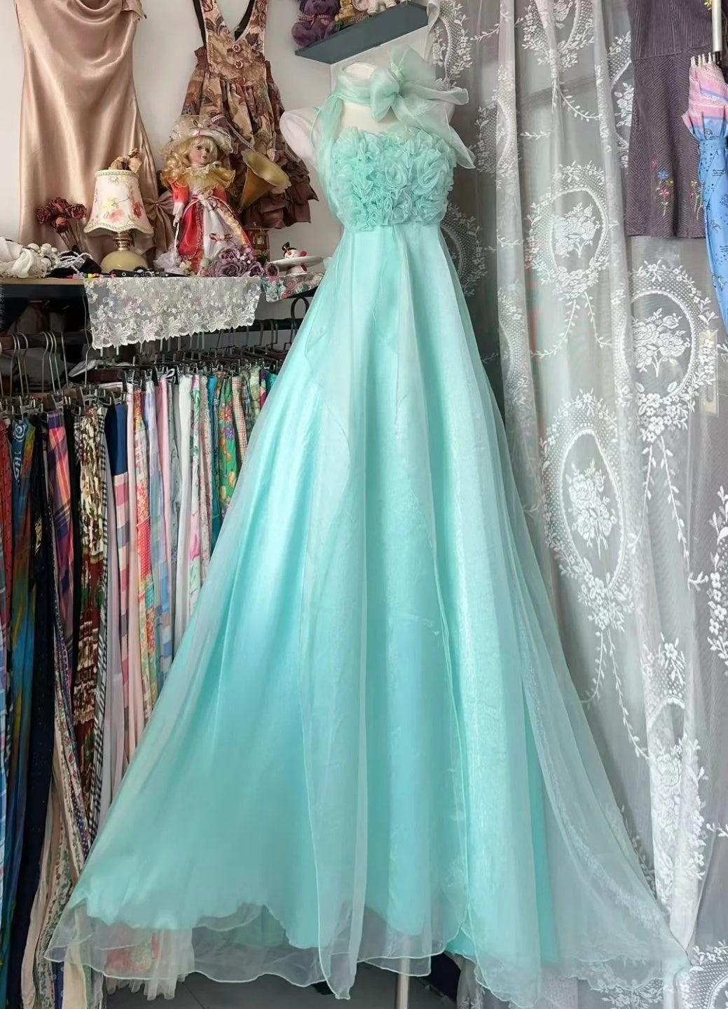 Cute Blue Prom Dress Spaghetti Straps A-Line Long Evening Dress Tulle Sleeveless Birthday Dress ED06732