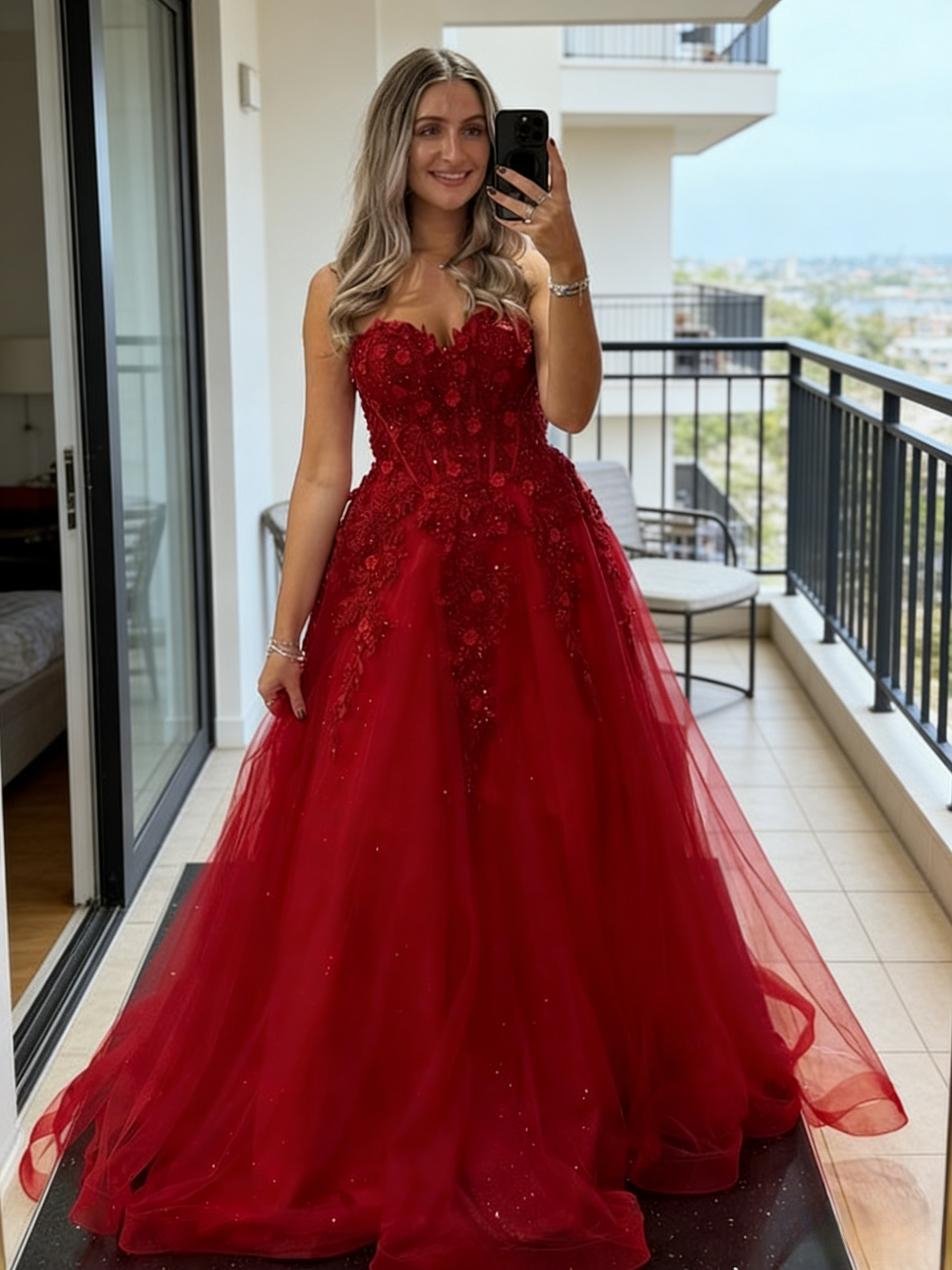 Fairy Red Prom Dresses Sweetheart A-Line Long Evening Dress Tulle Appliques Sleeveless Birthday Dress ED06733