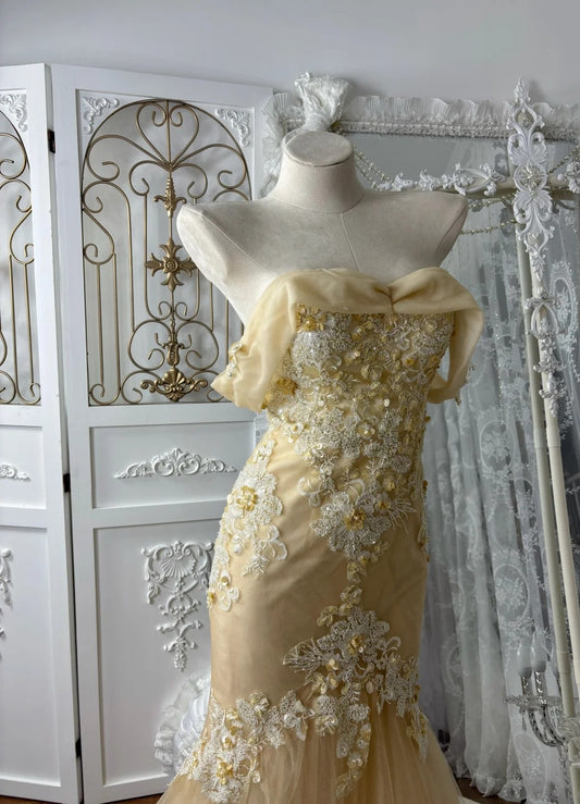 Classy Champagne Prom Dresses Off-shoulder Sheath Long Evening Dress Tulle Appliques Sleeveless Sweet 16 Dress ED06736