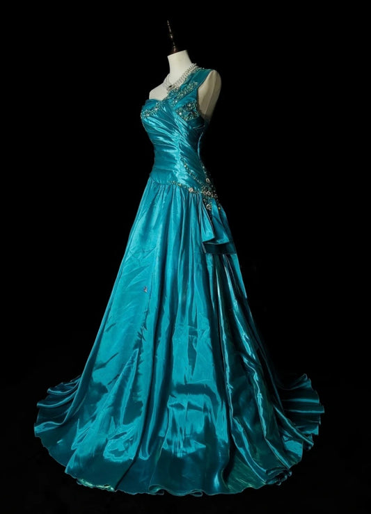 Classy Blue Prom Dresses One-shoulder Sheath Long Evening Dress Pleated Satin Sleeveless Formal Dress ED06738