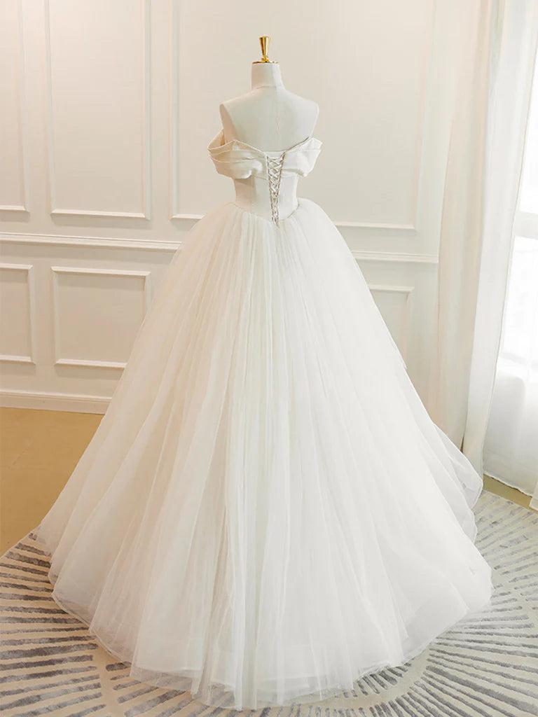 A-Line White Off Shoulder Tulle Long Prom Dress, White Long Formal Dress ED0674