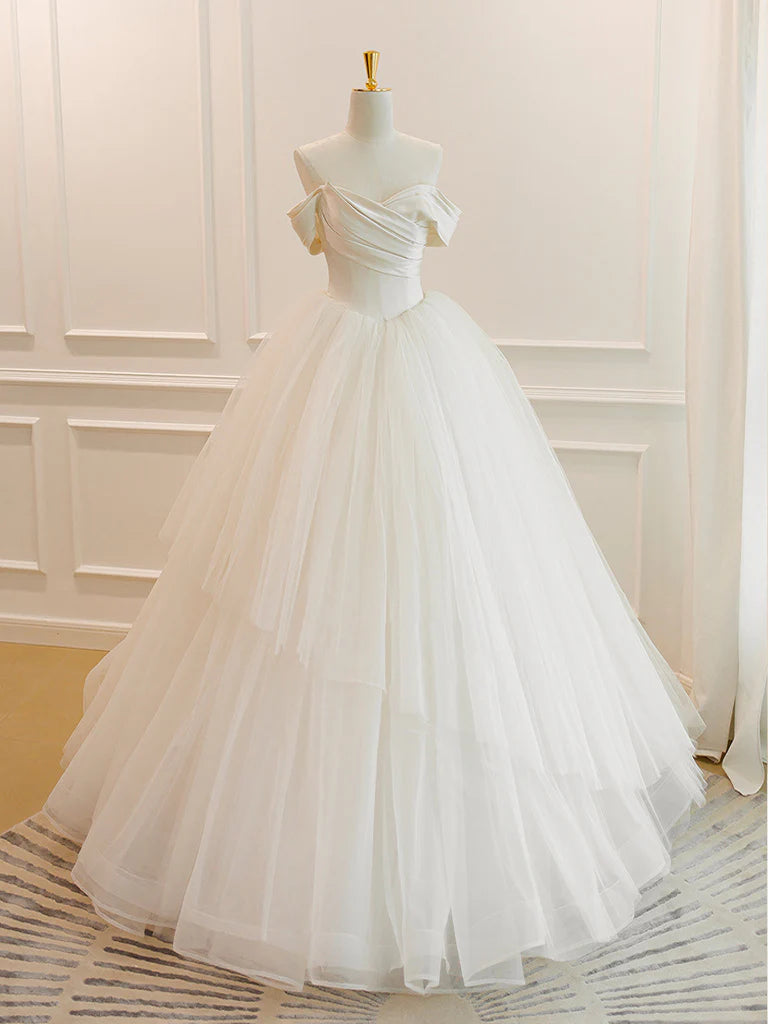 A-Line White Off Shoulder Tulle Long Prom Dress, White Long Formal Dress ED0674