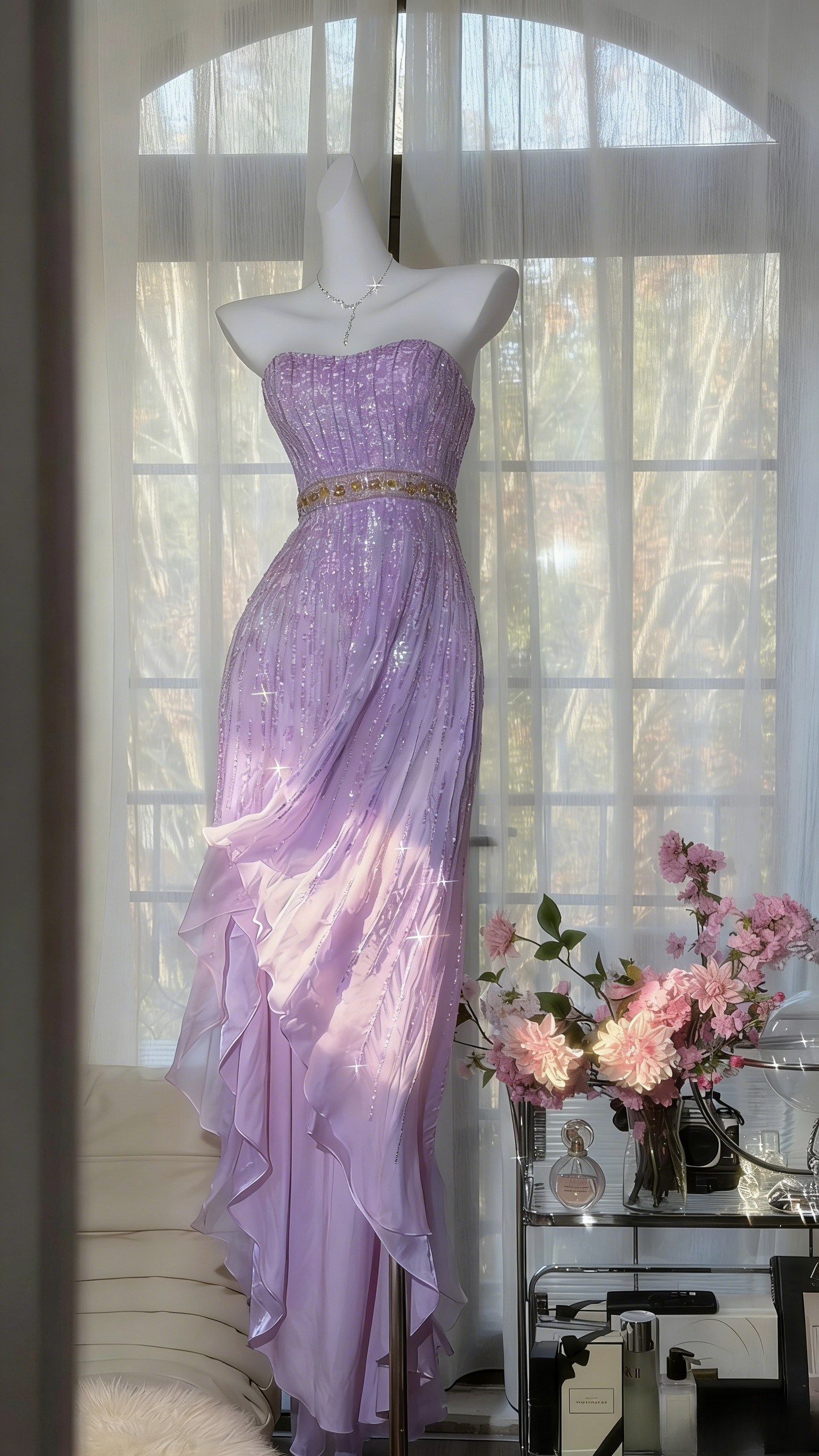 Robes d'anniversaire élégantes bleu dégradé, col en V, paillettes, mousseline, fourreau, robes de bal, robes de soirée ED04456