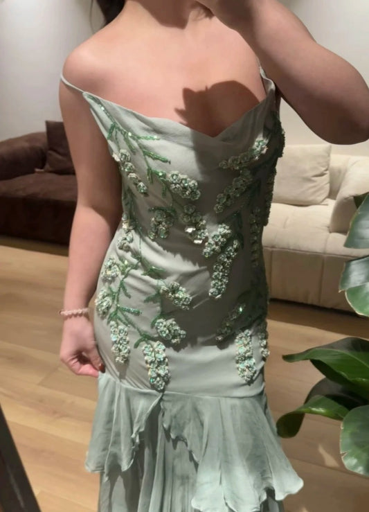 Vintage Green Prom Dresses Spaghetti Straps Sheath Long Evening Dress Beaded Chiffon Sleeveless Birthday Dress ED06746