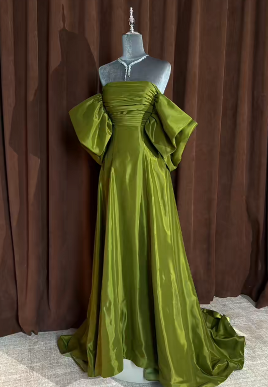 Elegant Olive Green Prom Dresses Off-shoulder A-Line Long Evening Dress Satin Sleeveless Birthday Dress ED06747