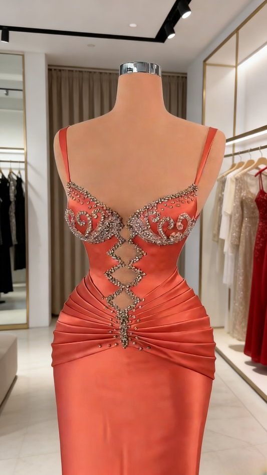 Elegant Orange Prom Dresses Straps Sheath Long Evening Dress Beaded Satin Sleeveless Birthday Dress ED06748