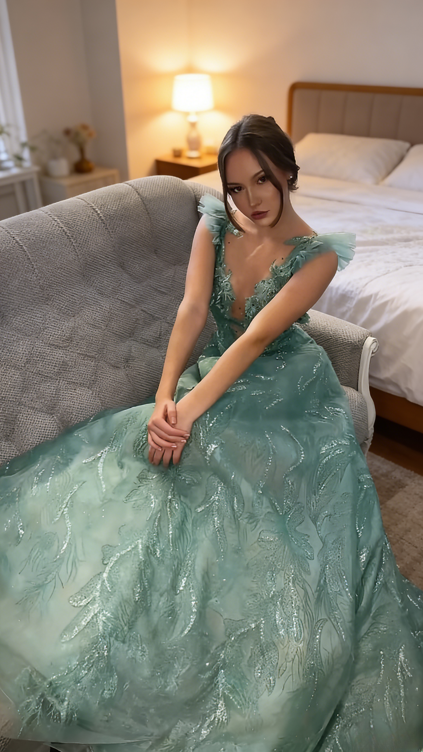 Elegant Green Prom Dresses V-neck A-Line Long Evening Dress Sequins Tulle Sleeveless Birthday Dress ED06750