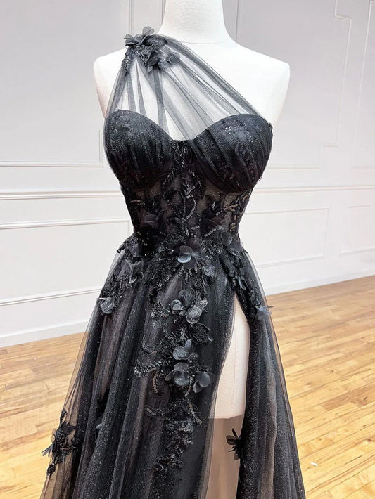 A-Line One Shoulder Tulle Lace Black Prom Dress, Black Long Evening Dress ED0676