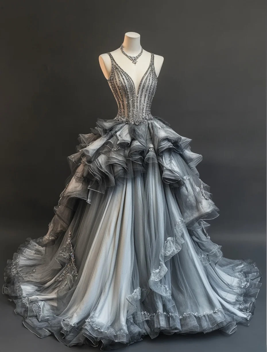 Chic Gray Prom Dress Straps A-Line Evening Dress Tulle Sleeveless Birthday Dress ED06760