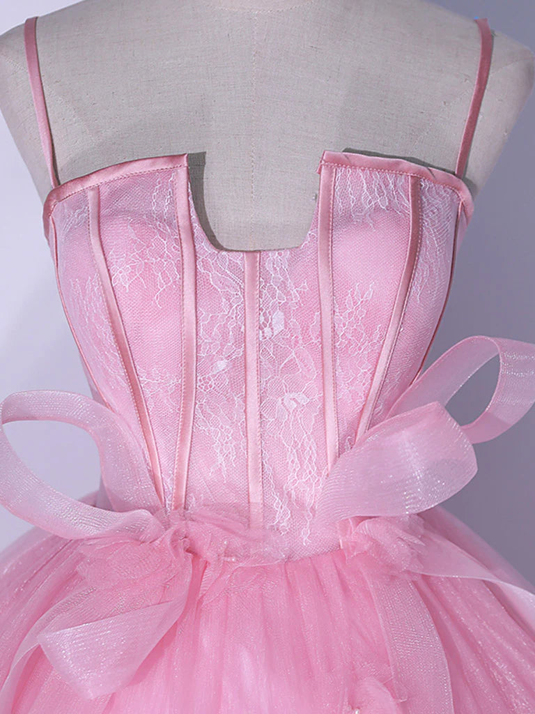 Rosa A-Linie Tüll Spitze Lange Ballkleider, Rosa Sweet 16 Kleid ED0677