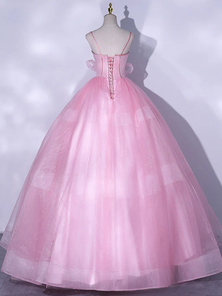 Rosa A-Linie Tüll Spitze Lange Ballkleider, Rosa Sweet 16 Kleid ED0677