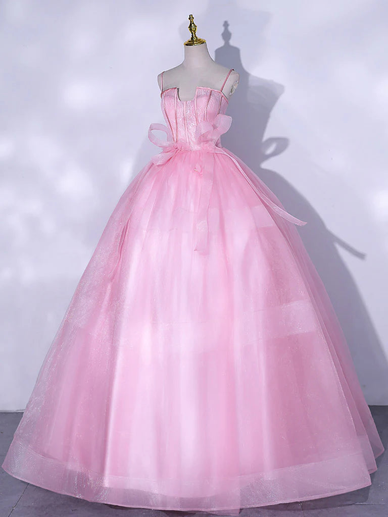Rosa A-Linie Tüll Spitze Lange Ballkleider, Rosa Sweet 16 Kleid ED0677