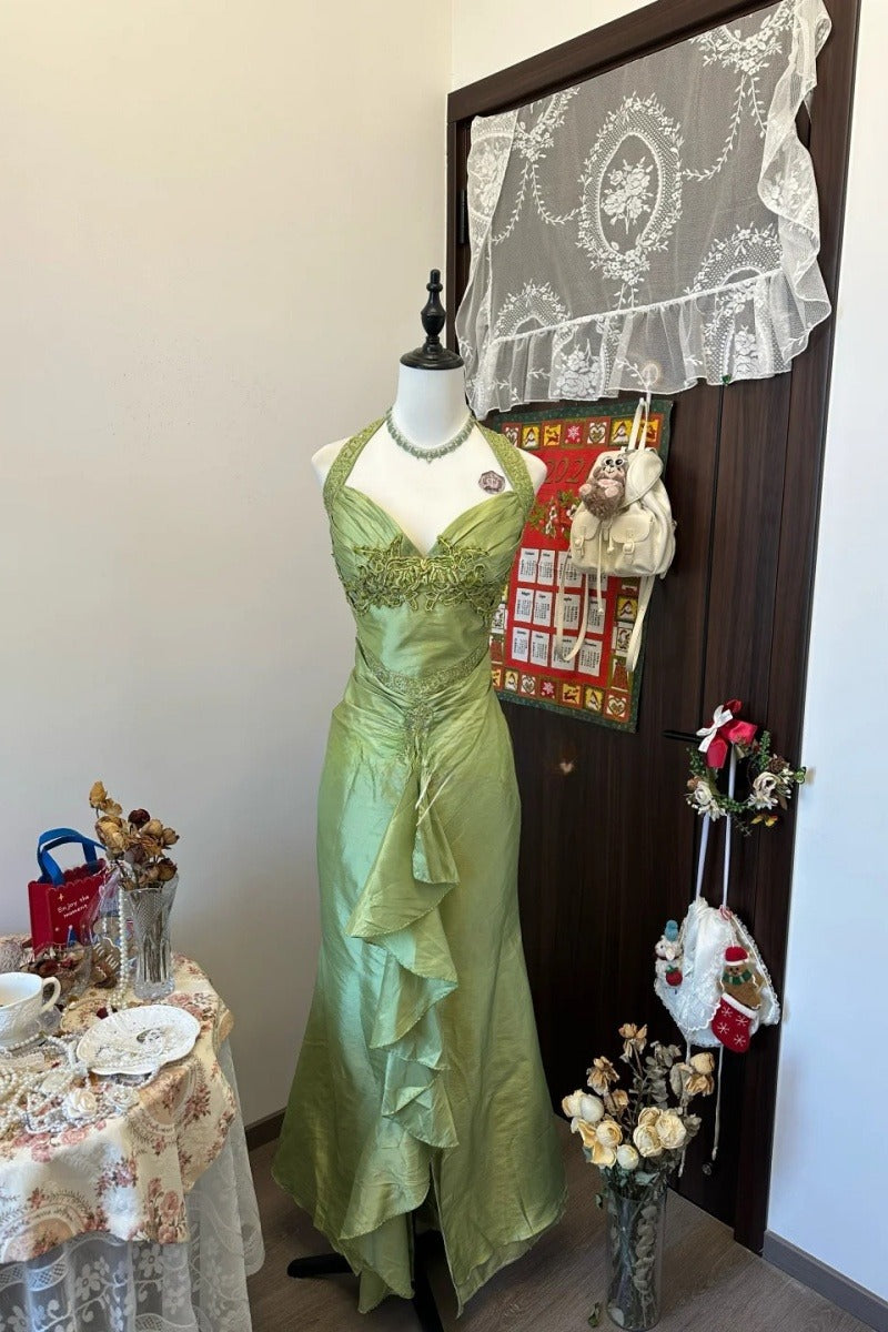 Vintage Green Prom Dress Halter Satin Sheath Evening Dress ED06776
