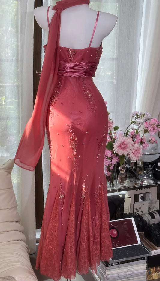 Gorgeous Watermelon Prom Dress Spaghetti Straps Mermaid Evening Dress Beaded Chiffon Birthday Dress ED06781
