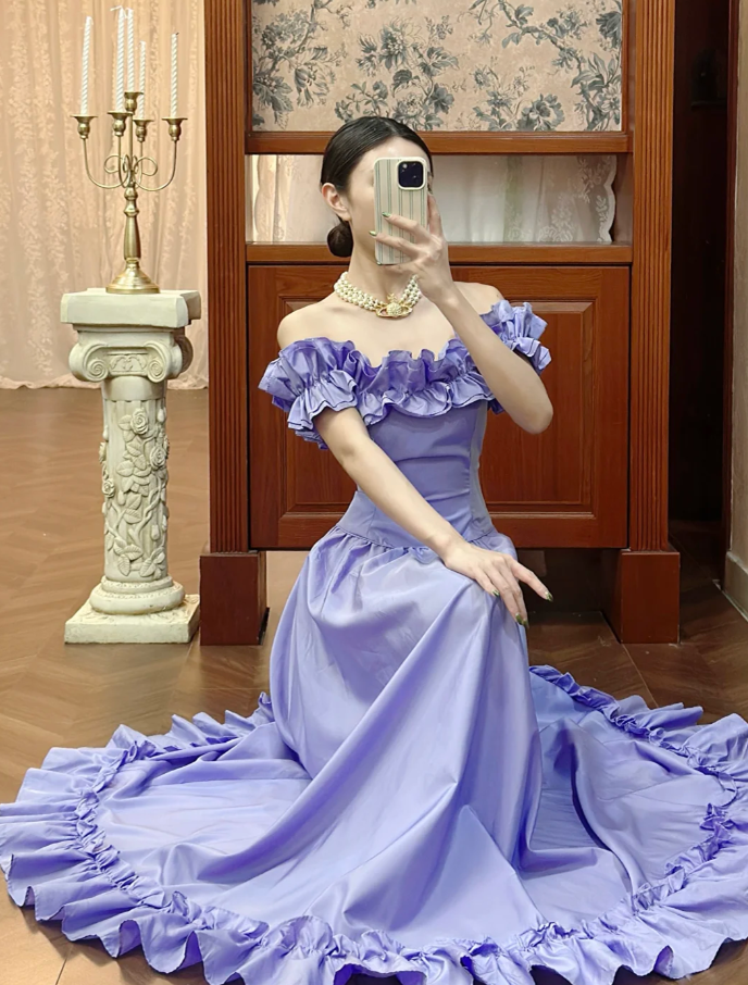 Chic Purple Prom Dress Off-shoulder A-Line Birthday Dress Satin Sleeveless Evening Dress ED06797