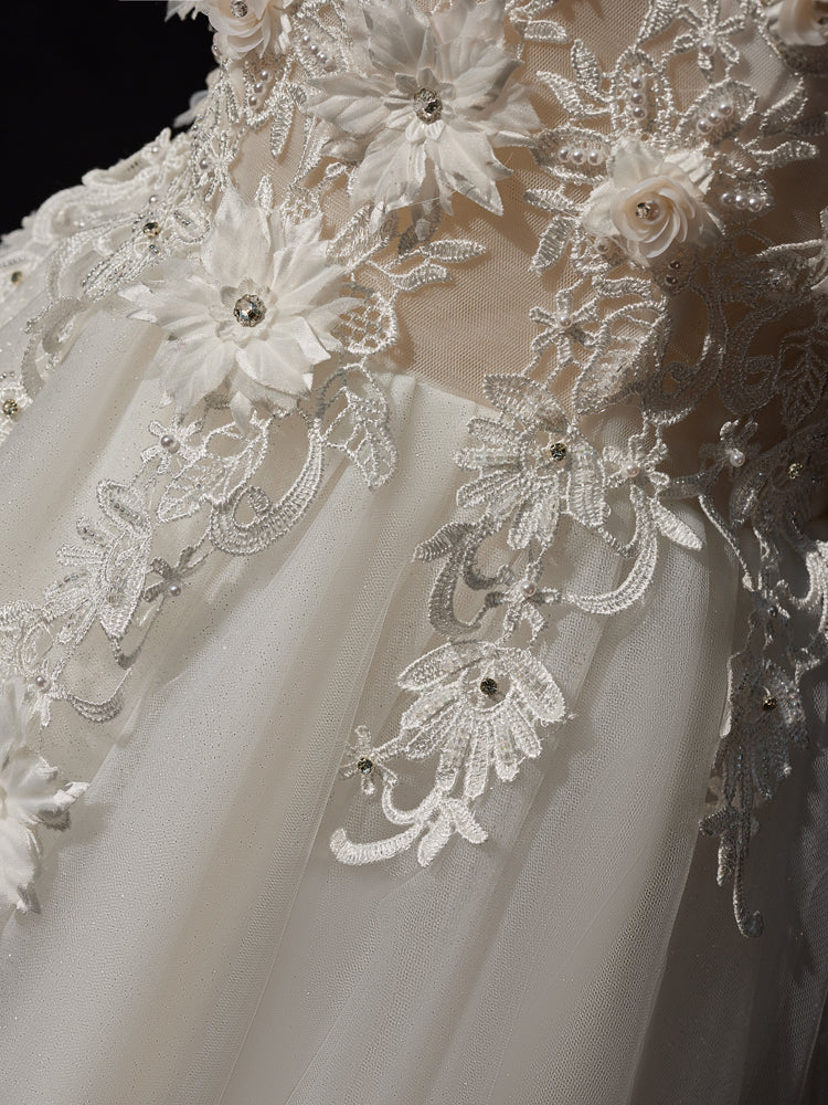 A-Line Off Shoulder Tulle Lace Long Prom Dress, White Lace Long Formal Dress ED0680