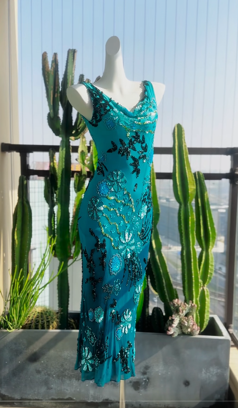 Elegant Teal Prom Dress V-Neck Sheath Evening Dress Chiffon Beaded Dress ED06806