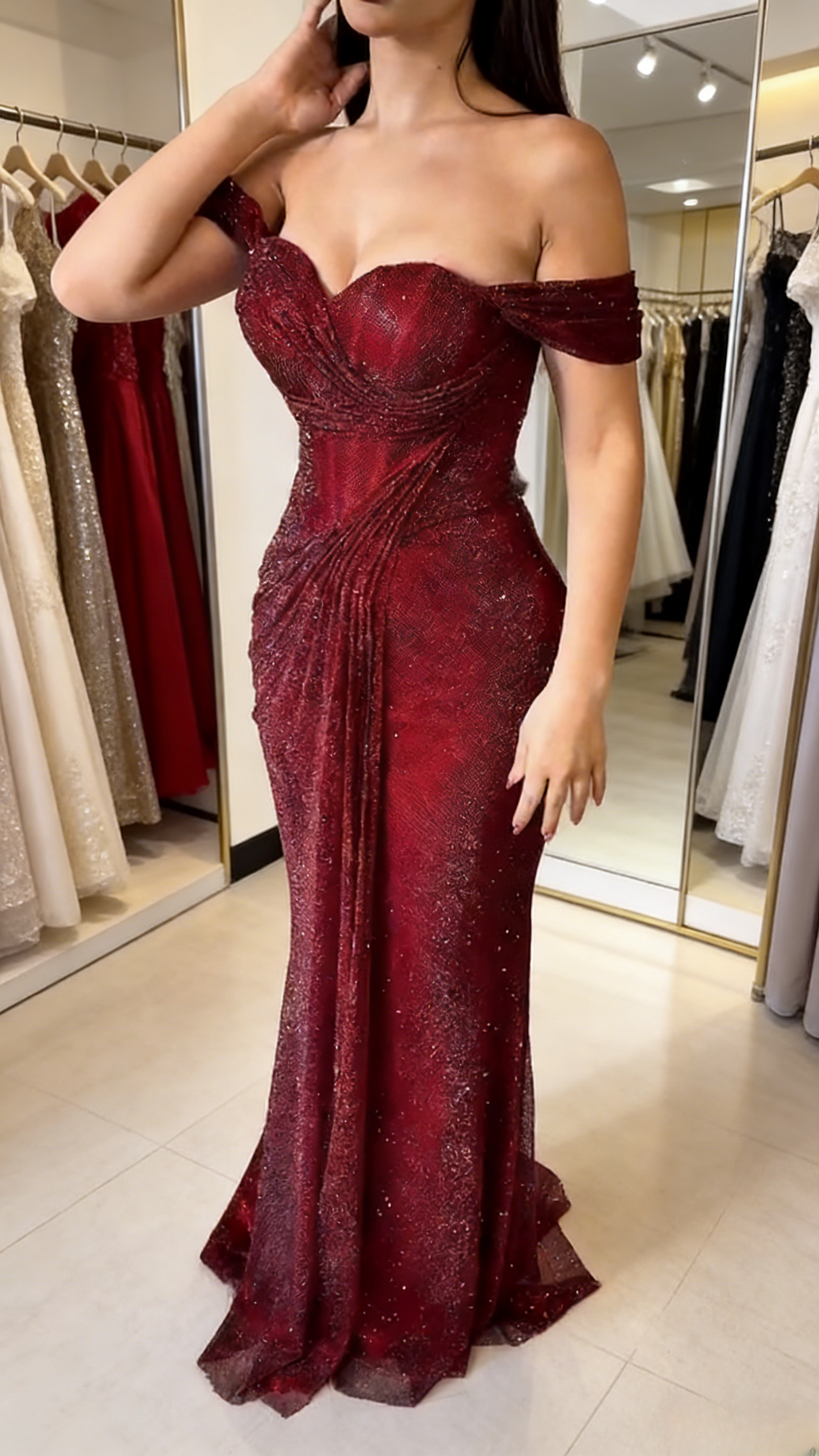 Elegant Burgundy Prom Dress Off-shoulder Sheath Evening Dress Tulle Party Dress ED06807