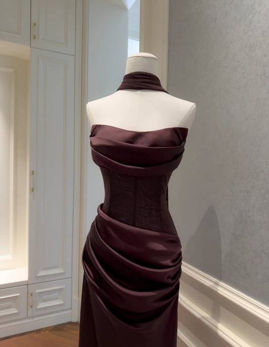 Cute Rust Red Prom Dress Strapless Sheath Evening Dress Satin Sleeveless Party Dress ED06813