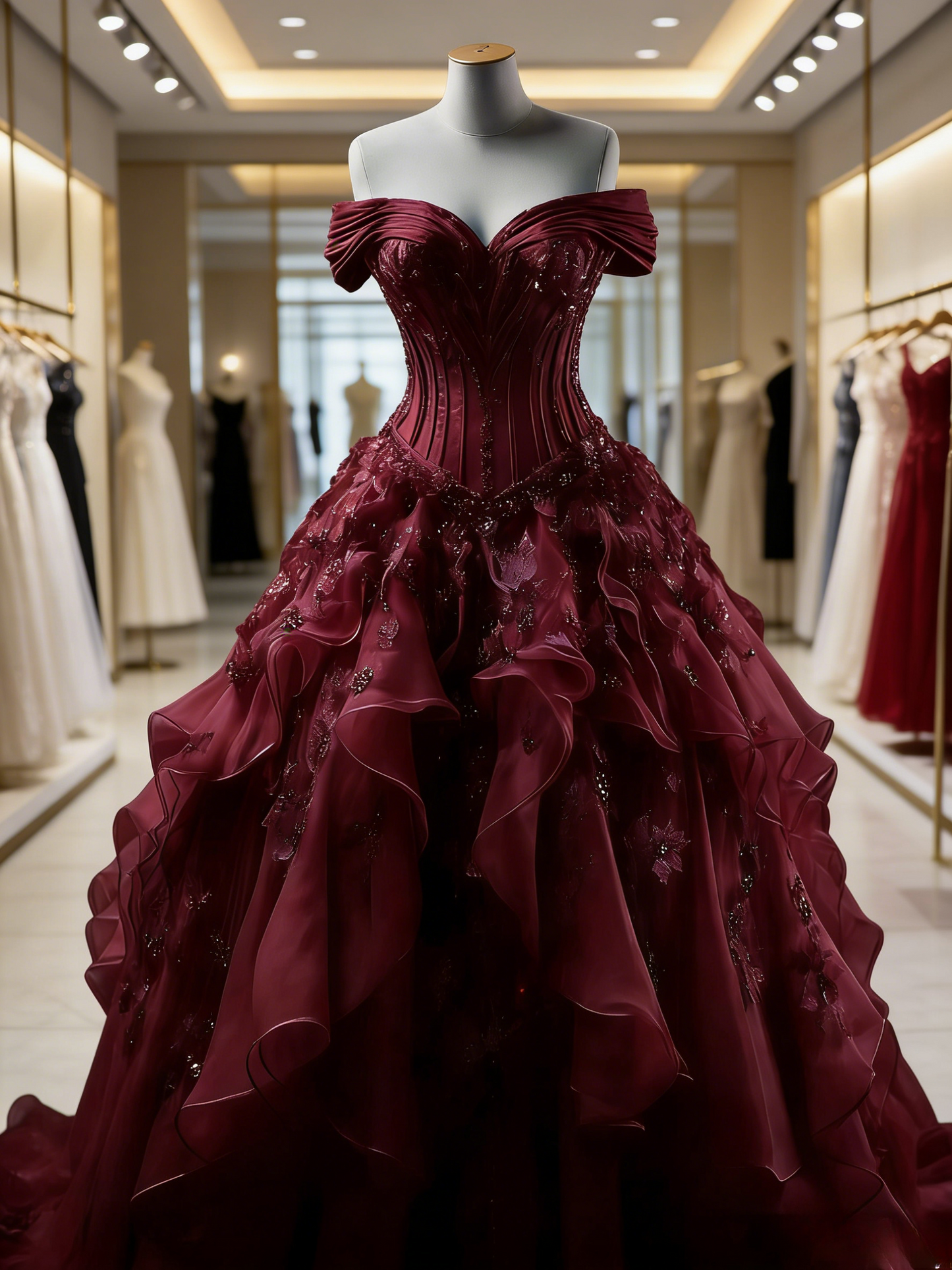Cute Burgundy Prom Dress Off-shoulder A-Line Quinceanera Dress Tulle Sleeveless Birthday Dress ED06814