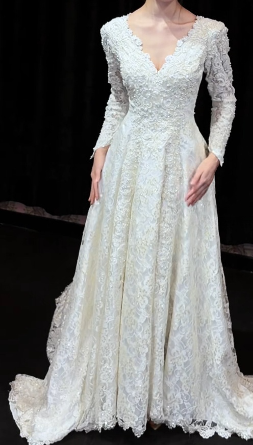 Elegant White Wedding Dress V-neck Lace A-Line Bridal Gown Long Sleeves Bridal Dress ED06816