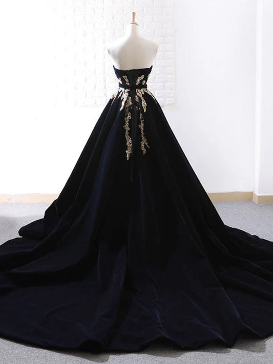 Black Velvet Sweep Train Long Prom Dress, Black Velvet Long Evening Dress ED0682