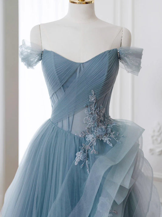 Gray Blue Tulle Lace Long Prom Dress, Gray Blue Formal Dress ED0683