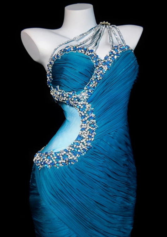 Gorgeous Blue Prom Dress Chiffon One-shoulder Evening Dress Sheath Formal Dress ED06833