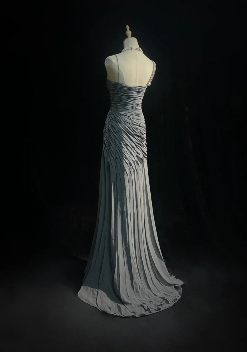 Chic Gray Prom Dress Chiffon Spaghetti Straps Evening Dress Sheath Formal Dress ED06836