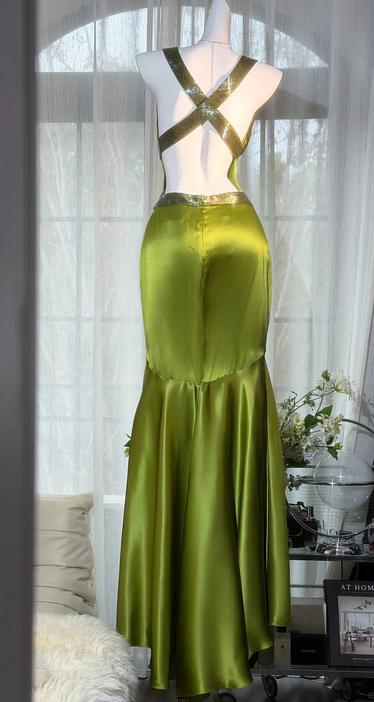Chic Green Prom Dress Satin V-neck Evening Dress Sheath Formal Dress ED06837