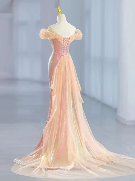 Lovely Mermaid Tulle Off Shoulder Sweetheart Party Dress, Sequins Prom Dress ED0684