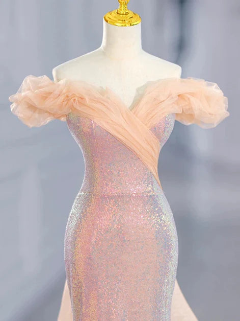 Lovely Mermaid Tulle Off Shoulder Sweetheart Party Dress, Sequins Prom Dress ED0684