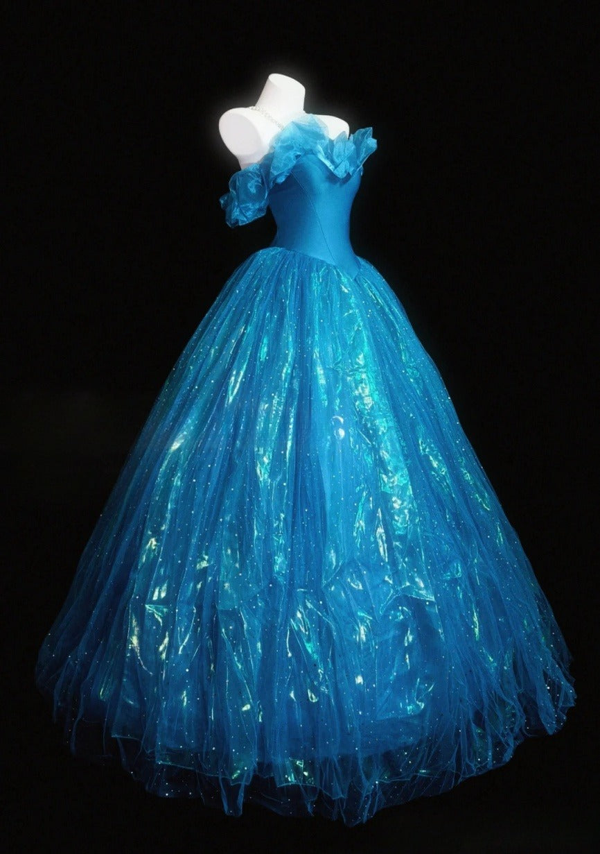 Chic Blue Prom Dress Tulle Off-shoulder Birthday Dress A-Line Sweet 16 Dress ED06842