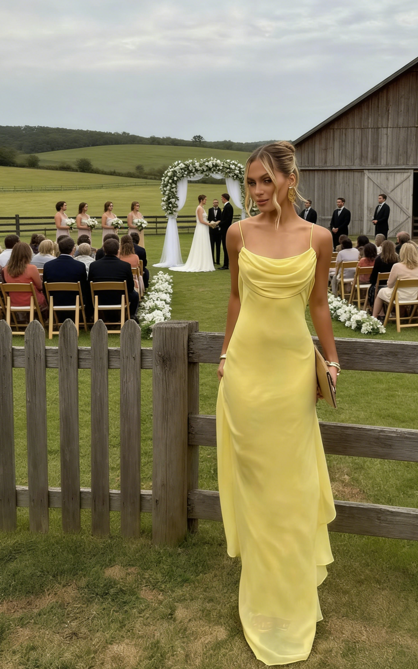 Simple Yellow Wedding Guest Dress Chiffon Sheath Spaghetti Straps Evening Dress ED06851