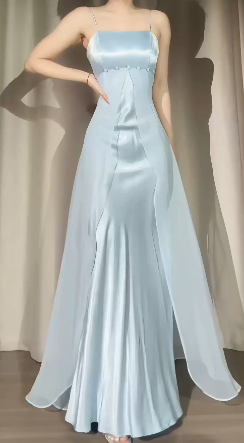 Classy Light Blue Prom Dress Chiffon Satin Sheath Spaghetti Straps Evening Dress ED06865