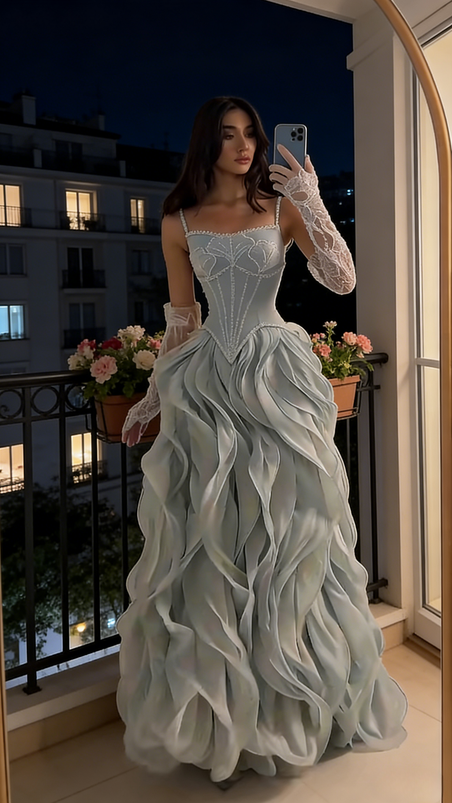 Elegant Morandi Blue Prom Dress Tulle Spaghetti Straps Evening Dress A-Line Formal Dress ED06874