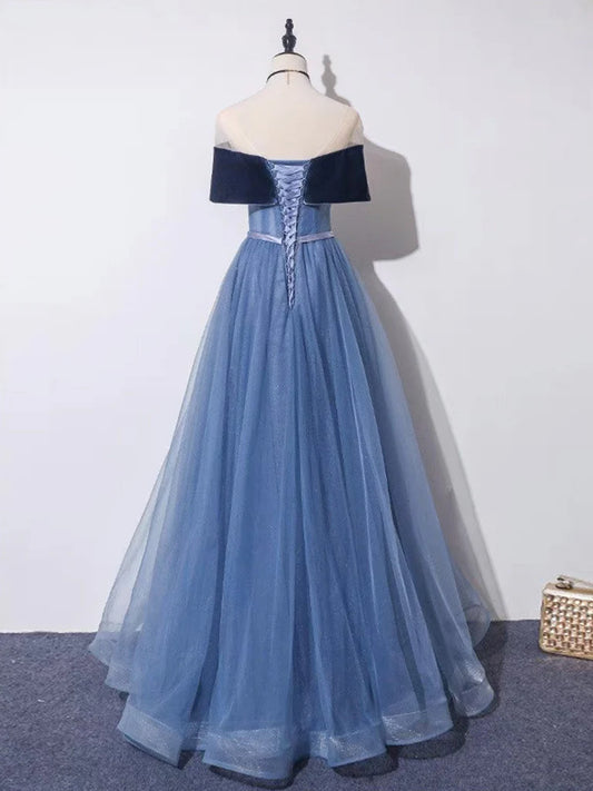 Gray Blue A-Line Tulle Long Prom Dress, Gray Blue Long Formal Dress ED0688