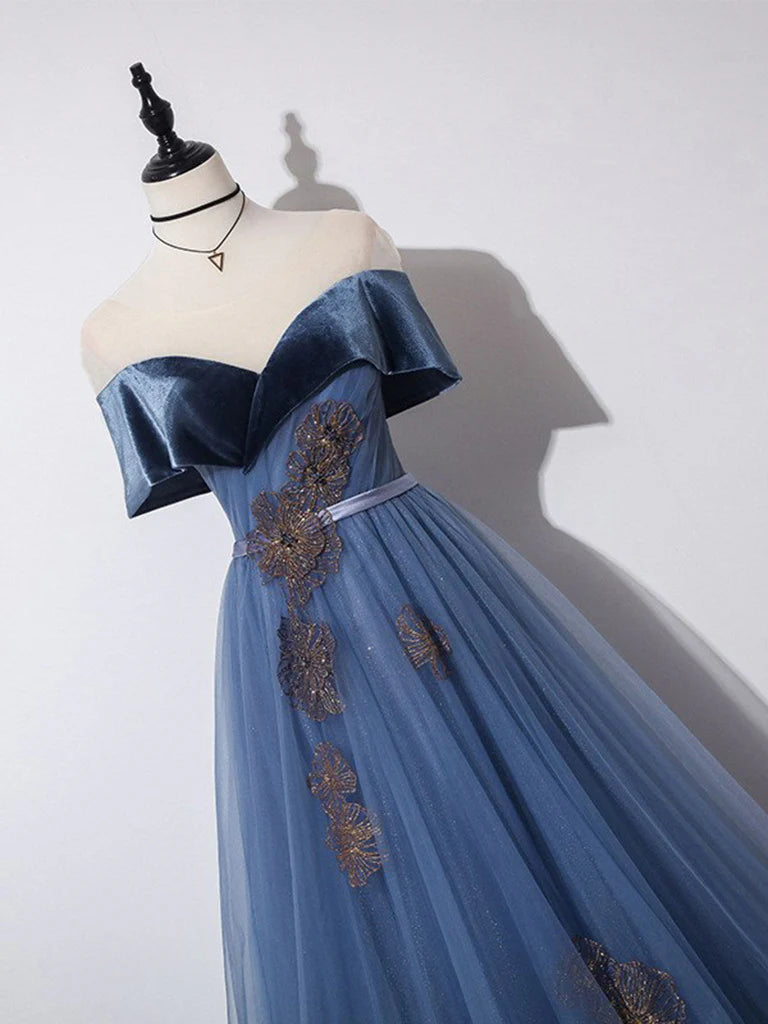 Gray Blue A-Line Tulle Long Prom Dress, Gray Blue Long Formal Dress ED0688