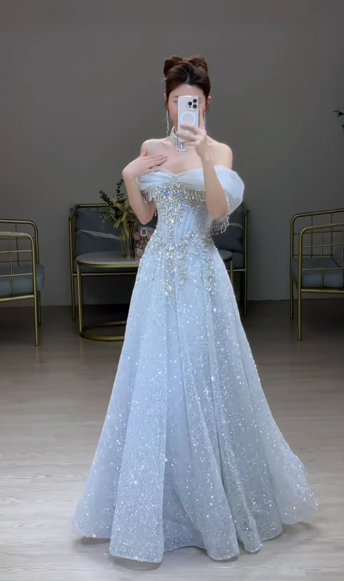 Chic Ice Blue Prom Dress Tulle Off-shoulder Evening Dress A-Line Formal Dress ED06880