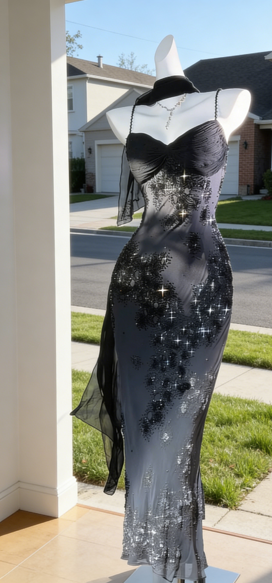 Chic Black Prom Dress Chiffon Beaded Spaghetti Straps Evening Dress Sheath Formal Dress ED06882