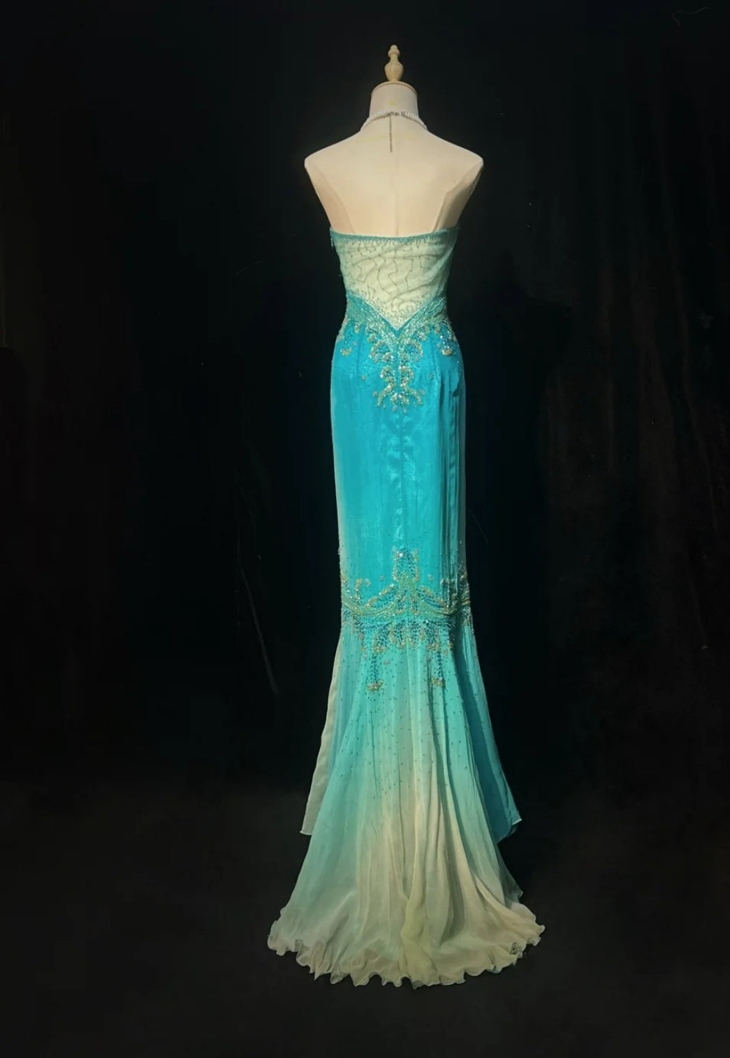 Chic Blue Prom Dress Tulle Beaded Strapless Evening Dress Mermaid Formal Dress ED06883